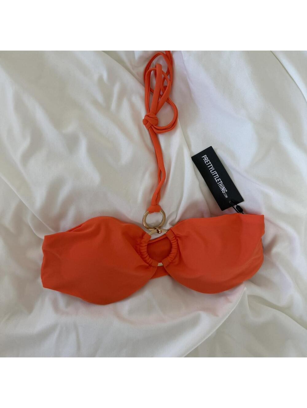 Pretty little thing orange bandeau halter neck bikini top with ring detail NWT